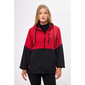 Dámský červeno-černý dvoubarevný podšitý voděodolný a větruvzdorný plášť s kapucí a kapsou od značky River Club.