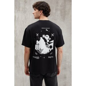 GRIMELANGE Bowen Men's 100% Cotton Crew Neck Print Detail Black T-shirt