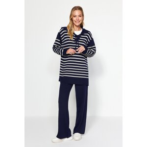 Trendyol Navy Blue Striped Collar With Tie Detailed Sweater-Pants