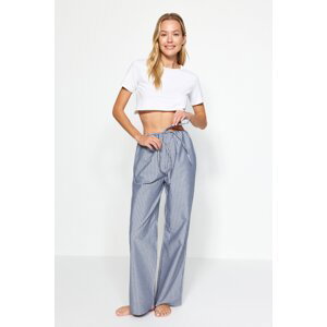 Trendyol Premium Blue Striped Lacing Detailed Viscose Wide Fit Woven Pajama Bottoms