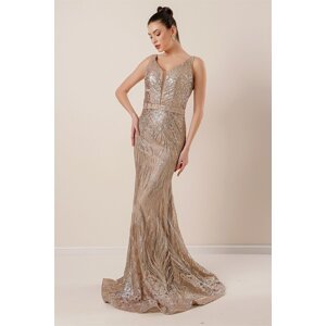 By Saygı Thick Straps Ghost Tulle Lined Glittery Long Dress Gold