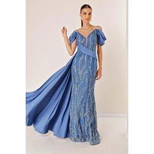 By Saygı Chain Straps Front Back V-Neck Low Sleeve Glittery Flocked Printed Lined Long Mermaid Dress INDIGO