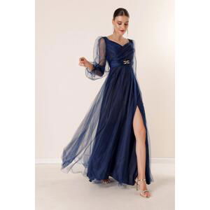 By Saygı Front Back V-Neck Waist with Stones and Draped Lined Long Tulle Dress