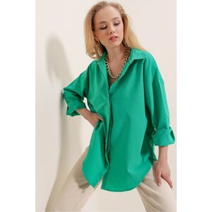 HAKKE Women's Dark Green Oversize Long Basic Shirt Dd00842