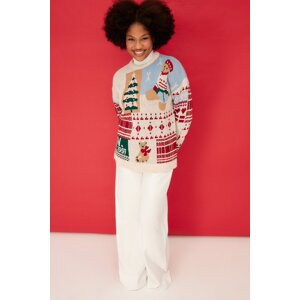 Trendyol kamenný vánoční tematický oversized měkký texturovaný vzorovaný pletený svetr