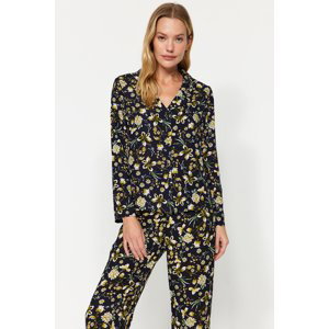Trendyol černá viskózová pyžama s květinovým vzorem - košile a kalhoty