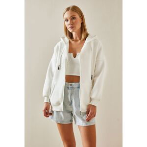 XHAN White Zippered Hoodie Sweatshirt