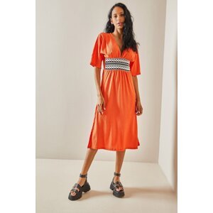 XHAN Orange Textured Belt Detailed Dress