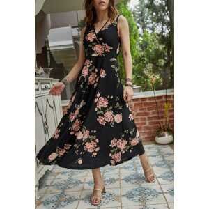XHAN Women's Black Floral Patterned Double-breasted Dress