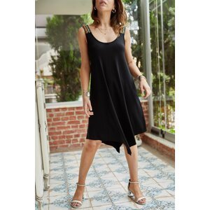 XHAN Women's Black Asymmetrical Viscose Dress with Accessories on the Shoulder