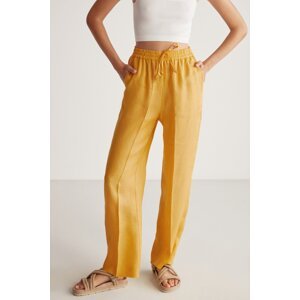 GRIMELANGE Sadie Women 100% Linen Relaxed Yellow Elastic Waist Trousers