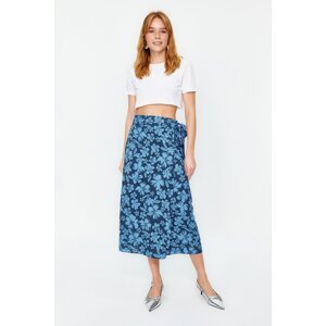 Trendyol Blue Floral Patterned Double Breasted Viscose Fabric Midi Length Woven Skirt
