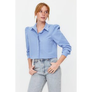 Trendyol Light Blue Shoulder Detailed Crop Fitted Waist-Catted Patterned Woven Shirt