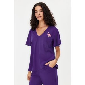 Trendyol Purple Cotton Flamingo Printed Knitted Pajamas Set with Flywheel Detail