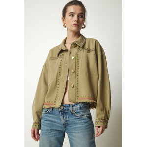 Šťastná istanbulská dámská khaki vyšívaná džínová bunda s třásněmi ve velikosti oversize