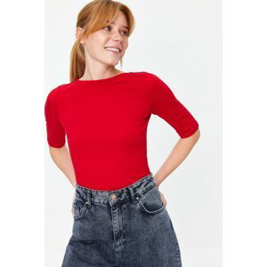 Trendyol Red Fitted/Situated Boat Neck Short Sleeve Cotton Stretch Knitted Blouse