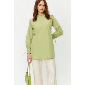 Trendyol Woven Cotton Tunic with Green Shoulders and Ruffles at the Cuff