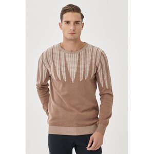 AC&Co / Altınyıldız Classics Men's Mink-beige Standard Fit Crew Neck 100% Cotton Jacquard Warm Knitwear Sweater