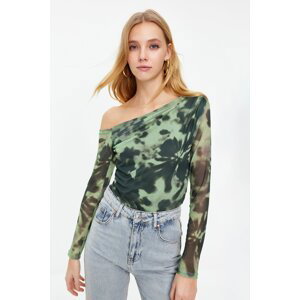 Trendyol Green Patterned Tulle Lined Asymmetric Collar Knitted Blouse