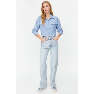 Trendyol Blue Pocket Detailed Crop Aerobin Regular Fit Woven Shirt