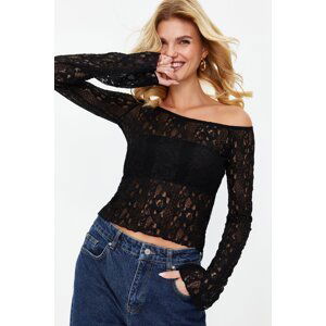 Trendyol Black Carmen Collar Long Sleeve Lace Elastic Knitted Blouse