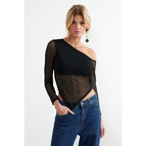 Trendyol Black Asymmetric Tulle Back Sheer Knitted Blouse