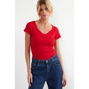 Trendyol Red Fitted Ribbed Cotton Stretch Knit Blouse