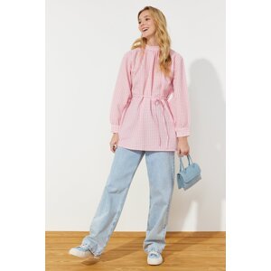 Trendyol Pale Pink Belted Woven See-through Plaid Tunic