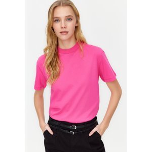 Trendyol tmavě růžové 100% bavlněné základní tričko s vysokým límcem