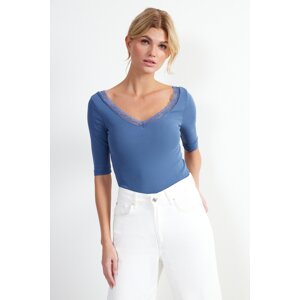 Trendyol Indigo Lace Detail V Neck Fitted Cotton Stretch Knitted Blouse