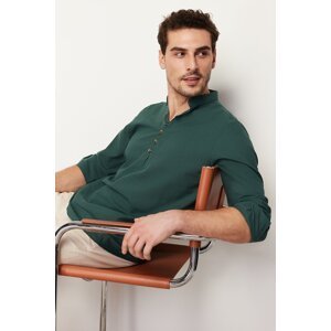 Trendyol tmavě zelená slim fit košile s polovičním kostkovaným vzorem, velkým límcem, 100% bavlna