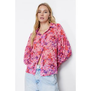 Trendyol Pink Balloon Sleeve Floral Patterned Chiffon Fabric Oversize Wide Fit Woven Shirt