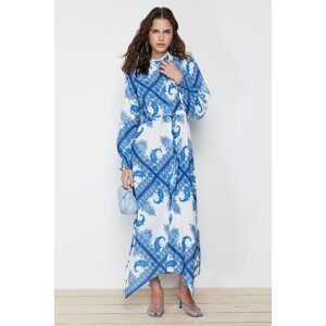 Trendyol modré šaty s asymetrickým vzorem šálu, detailně vázané, tkané šaty