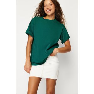 Trendyol Smaragdově Zelené 100% Bavlněné Oversize/Široké Formy Tričko s Kulatým Výstřihem