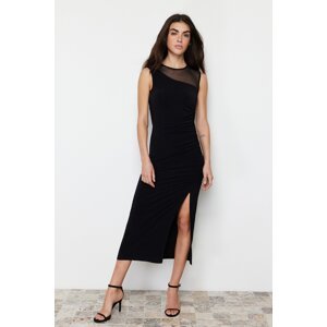 Trendyol Black Tulle Detailed Gathered Slit Fitted Flexible Knitted Maxi Pencil Dress