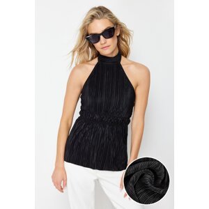 Trendyol Black Pleated Fitted/Body-Fitted Halter Neck Knitted Blouse
