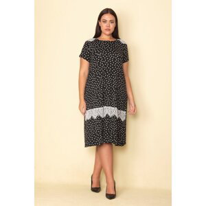Şans Women's Plus Size Black Polka Dot Patterned Lace Detailed Woven Viscose Dress