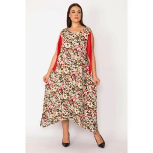 Şans Women's Plus Size Red Floral Patterned Dress With Sleeves Detail