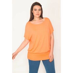 Şans Women's Plus Size Orange Crew Neck Hem Tape Low Sleeve Tunic