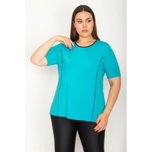 Şans Women's Plus Size Sports Blouse With Turquoise Piping And Cup Detail