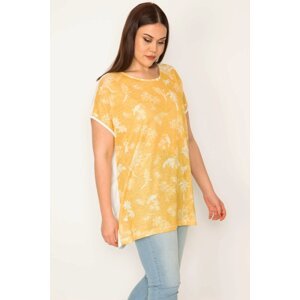 Şans Women's Plus Size Yellow Printed Low Sleeve Front Printed Blouse