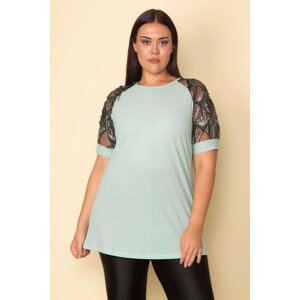 Şans Women's Plus Size Green Blouse with Sequin Detailed Sleeves and Tulle