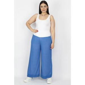 Şans Women's Plus Size Blue Corsage with Belt Detailed and Lined Knitted Fabric Trousers