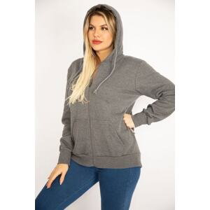 Şans Women's Gray Gray Back With Double Zipper And Snap Buttons And Front Zipper, Inner Collar Sweatshirt