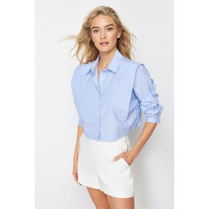 Trendyol Blue Stoned Crop Woven Shirt with Padded Sleeves