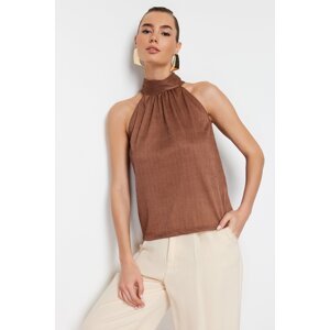 Trendyol Brown High Neck Regular Fit Pleated Knitted Blouse