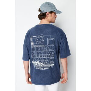 Trendyol Indigo Oversize/Wide-Fit Faded Effect Text Printed 100% Cotton T-Shirt