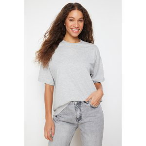 Trendyol šedý melírovaný 100% bavlněný dámský volný pletený tričko s kulatým výstřihem