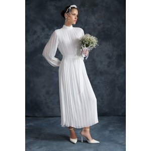 Trendyol White Pleated Woven Lined Chiffon Bride/Special Occasion Dress