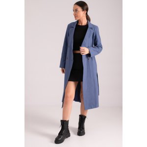 Dámský tmavě modrý dvouřadý kabát s límcem a páskem v pase od značky Armonika